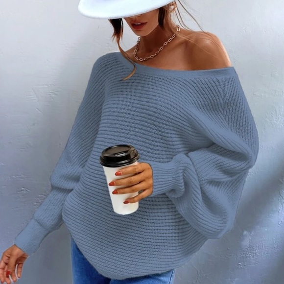 Dusty blue knit open tie back sweater top - Picture 3 of 6